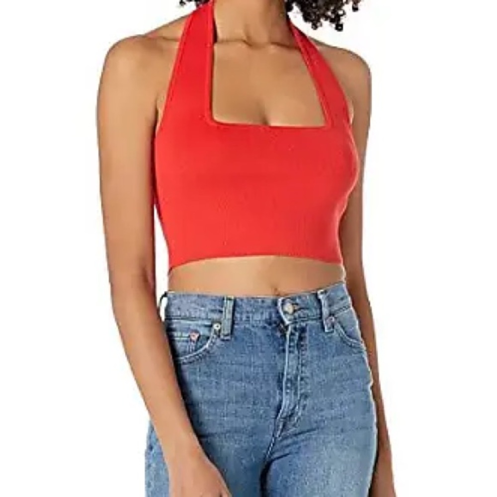 The drop red top NEVER USED that can be worn in 2 ways
